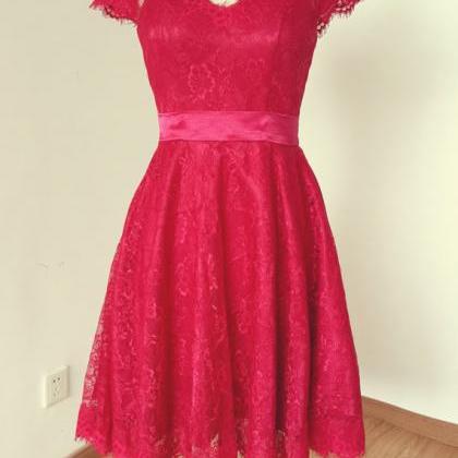 Cap Sleeve V-neck Red Lace With Sheer Tulle Back..