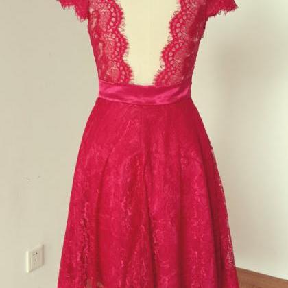 Cap Sleeve V-neck Red Lace With Sheer Tulle Back..