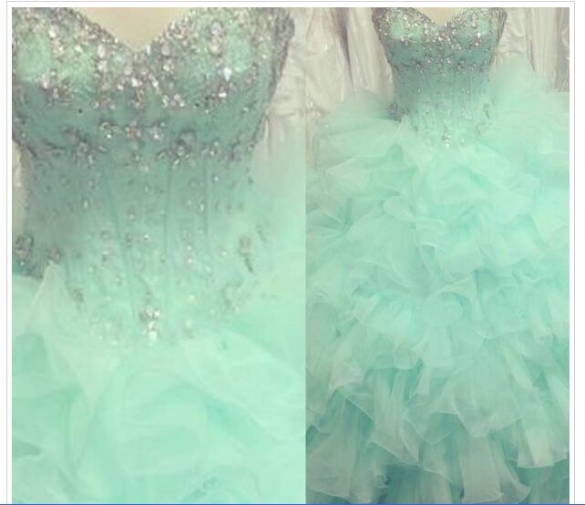 Ball Dress, Mint Quinceanera Dresses Ball Gown Sweetheart Beads Crystals Backless Ruffles Long Green Prom Gowns Pageant Gowns For Girls