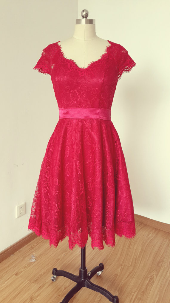 Cap Sleeve V-neck Red Lace With Sheer Tulle Back Short Prom Dress, Homecoming Dress, Graduation Dress
