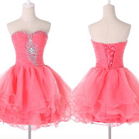 Watermelon Prom Dresses Ball Gown Short Voile Party Dress With Beaded ...