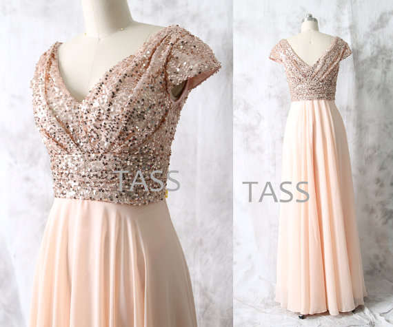  Rose  Gold Sequin Chiffon Long Bridesmaid  Dress  Cap 